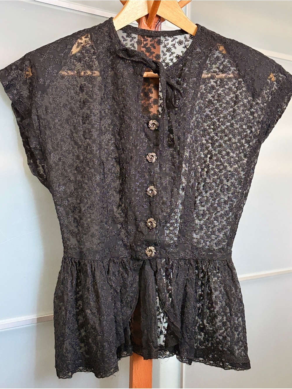 Vintage Black Sheer Floral Lace Peplum Blouse (Unbranded)